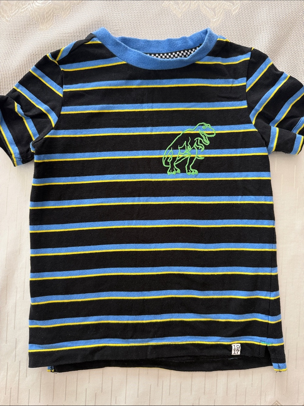Sovereign Code size 4 Black Striped Tee with Blue & Neon Green Dino